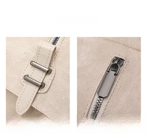 Detail of cream PU leather backpack with gunmetal buckles and zipper closure