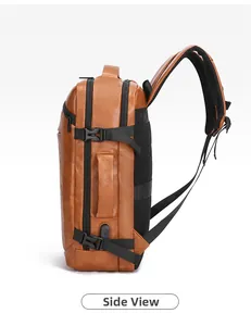 Side view of brown leather laptop backpack with mesh back padding and charging port