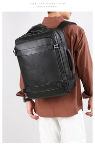 Model wearing black faux leather business backpack featuring side buckle and hidden zippers