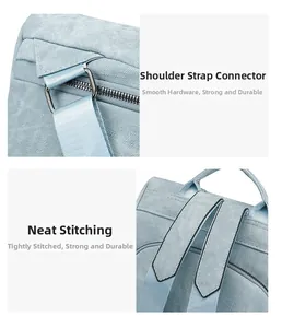 Detail of silver buckles and reinforced stitching on a light blue fashion backpack