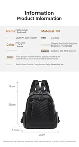 Detailed sizing chart and specifications for the minimalist PU leather women's travel backpack