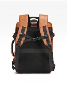 Rear view of brown leather backpack with breathable black mesh padding and chest strap