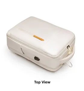 Top view of white business backpack showing USB charging port and waterproof zipper