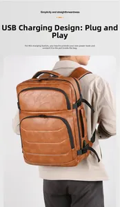 Brown business backpack with USB charging port shown from back view on a model