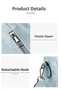 Detail of smooth metal zipper and detachable shoulder strap on light blue backpack