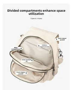 Detail view showing internal compartments and storage capacity of the cream travel backpack