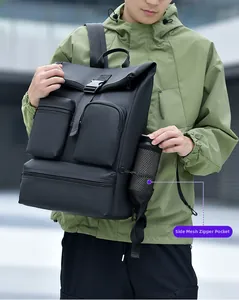 Detail view of the side mesh zipper pocket for water bottles on a black travel backpack