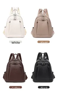 Quilted faux leather backpacks displayed in white, khaki, coffee, and black colors