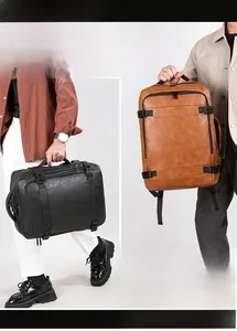 Macro view of textured PU leather travel backpack with sturdy buckles and reinforced straps