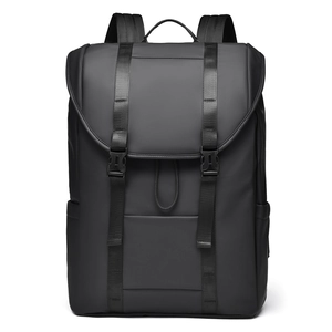 Minimalist black waterproof backpack with matte finish and dual buckles for commuting