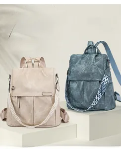 Dettagli di zaini in pelle vintage con eleganti spalline in tessuto geometrico chic