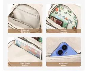 Detailed interior storage compartments of this beige large capacity travel backpack