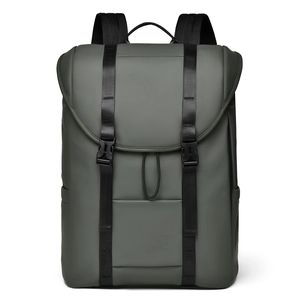 Large dark green waterproof travel backpack with flap closure and black buckle straps
