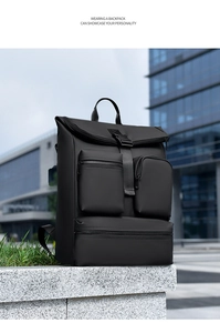 Close-up of black waterproof business backpack with multiple vertical zipper pockets