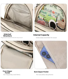 Detail view of large capacity PU leather backpack interior pockets and anti-theft back pocket