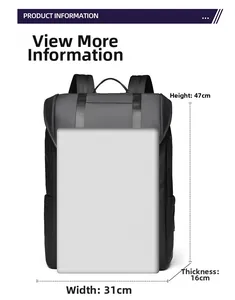 Detail of black laptop backpack showing large capacity dimensions 47x31x16cm for 16 inch PC