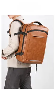 Brown leather business backpack with reflective stripe and adjustable straps on model