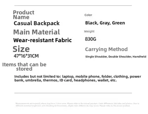 Detailed size and capacity specification list for the 16-inch laptop backpack