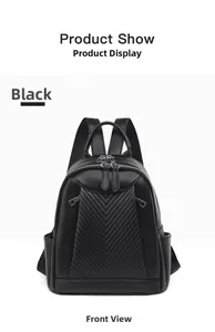Detail of black pebbled leather backpack with V-shaped quilting and metal zippers