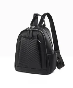 Detail of black pebbled leather backpack featuring elegant V-shaped decorative stitching