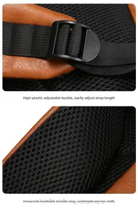 Detail of adjustable nylon straps and breathable honeycomb mesh padding on back