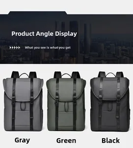Three minimalist waterproof travel backpacks shown in grey, green, and black color options