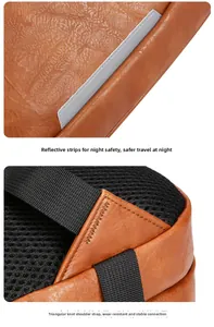 Detail of backpack with safety reflective strip and reinforced triangular stitching