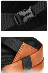 Detail of durable plastic buckle and reinforced triangle stitching on travel backpack