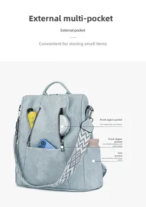 Detail view of light blue backpack featuring multiple pockets and a woven geometric strap
