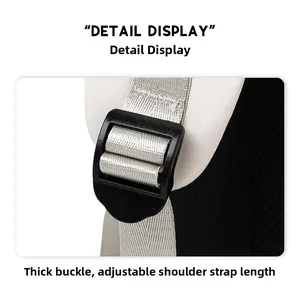 Close-up of durable plastic buckle and adjustable grey strap for travel backpack