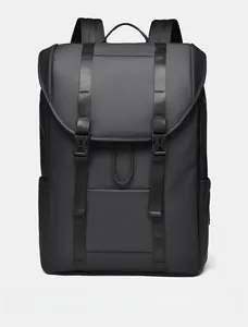 Front view of black outdoor travel backpack featuring buckle closure and matte texture