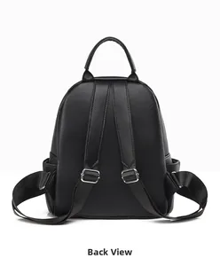 Rear view of black lychee leather backpack showing adjustable straps and silver hardware