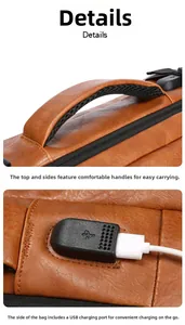 Detail of ergonomic handle with breathable mesh and side USB charging port for backpack