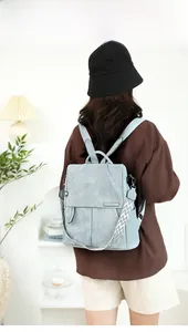 Dettaglio dello zaino leggero azzurro con tracolla a motivi geometrici su modella