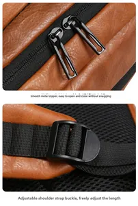 Detail of smooth metal zippers and adjustable nylon straps on a brown leather business backpack