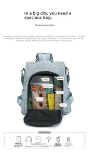 Internal view of the light blue backpack showing large capacity for iPad and daily items