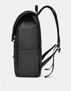 Side view of large black travel backpack with adjustable straps and side mesh pockets