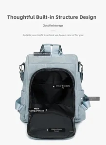 Detail view of light blue backpack showing multiple pockets and internal storage layout