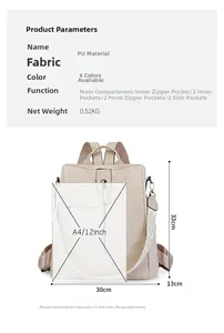 Spécifications de taille du sac à dos en cuir PU avec comparaison de capacité A4