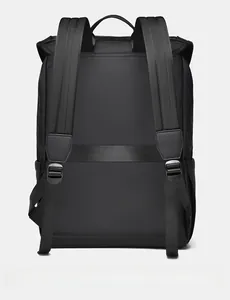 Ergonomic back view of a black laptop backpack featuring a luggage strap and padded straps