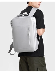 Business laptop backpack with side USB port and waterproof silver gray matte fabric