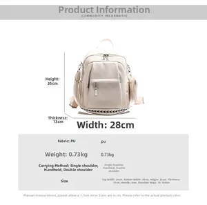 Detailed size chart for the PU leather backpack showing dimensions of 35cm x 28cm x 13cm
