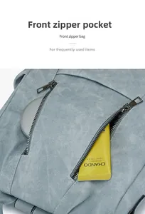 Detail of light blue canvas backpack featuring dual front zipper pockets and storage capacity