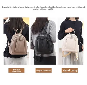 Detailed views of woman’s beige backpack shown in backpack, shoulder, and handbag styles