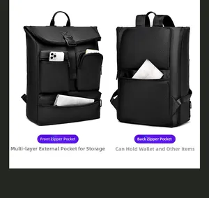 Detail view of black waterproof backpack featuring multi-pocket storage and anti-theft design