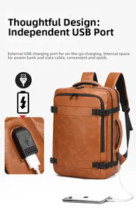 Close-up of the integrated USB charging port on a brown PU leather business backpack