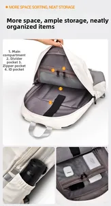 Detail of multi-compartment travel backpack interior with laptop sleeve and side pocket