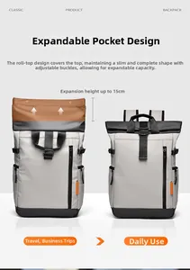 Détail du sac à dos gris extensible montrant l'extension de 15 cm pour plus de volume