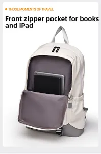 Front zipper compartment of the travel backpack showing storage for tablets and books
