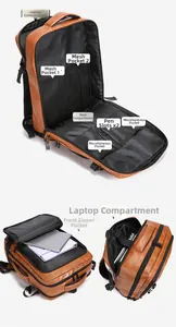 Detailed view of the laptop compartment and multiple storage pockets in this brown PU backpack